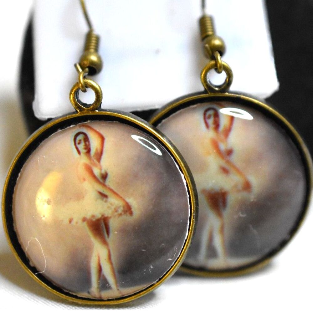 NWT  Ballerina Dancer Antique Brass Tone Glass Cabochon Dome Hook Earrings